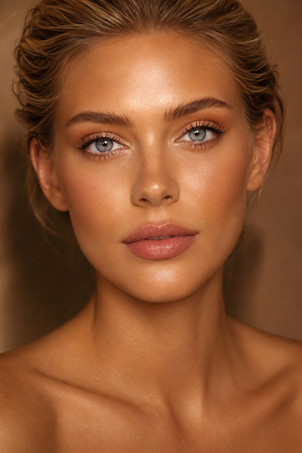 Editorial beauty portrait with polished neutral makeup