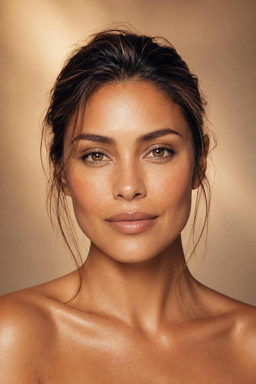 Luminous healthy-looking skin in warm studio light